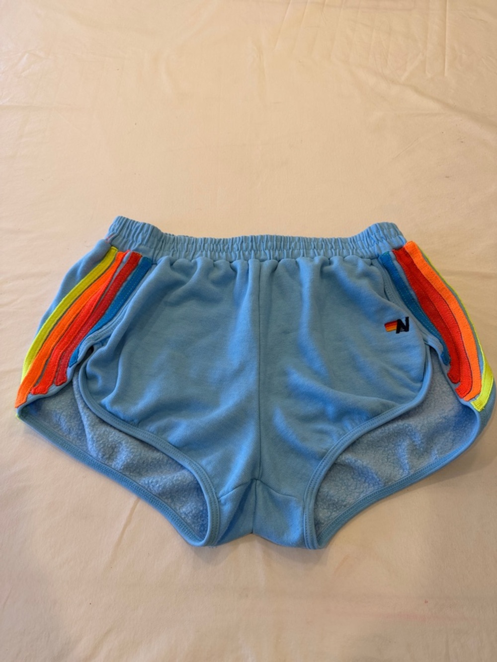 Aviator Nation women’s size M Light Blue Shorts with neon Rainbow Trim